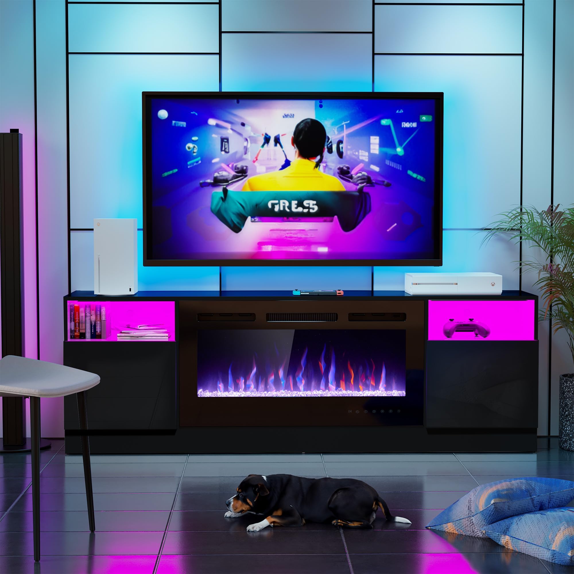 Ahb 70'' Fireplace Tv Stand For Tvs Up To 80'' With 36'' Electric Fireplace, Tv Console For The Living Room, Led Light Entertain